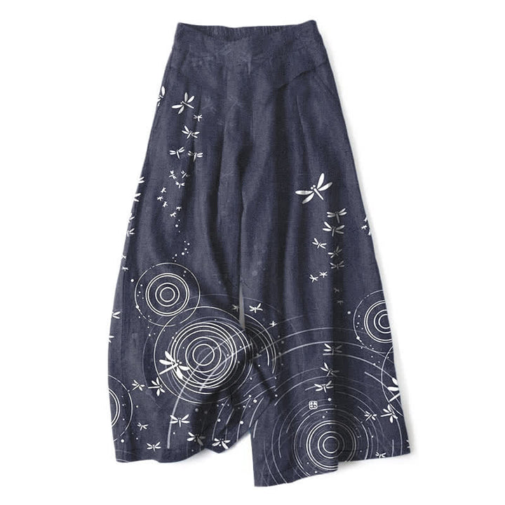 Buddha Stones Pantaloni da donna a gamba larga con elastico in vita e tasche, in cotone e lino, con fantasia a onde di libellula. - Grigio ardesia - US16, UK/AU20, EU48 (3XL) - image 8