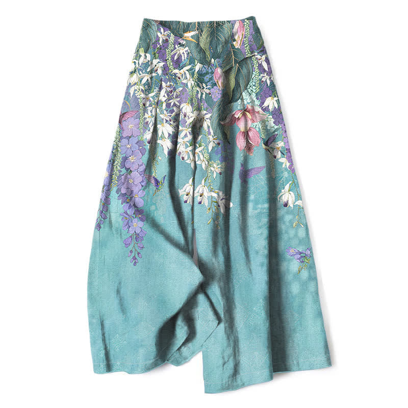 Buddha Stones Pantaloni da donna in cotone e lino, stile bohémien, a gamba larga con elastico in vita e tasche, con fantasia floreale. - Turchese - US16, UK/AU20, EU48 (3XL) - image 0
