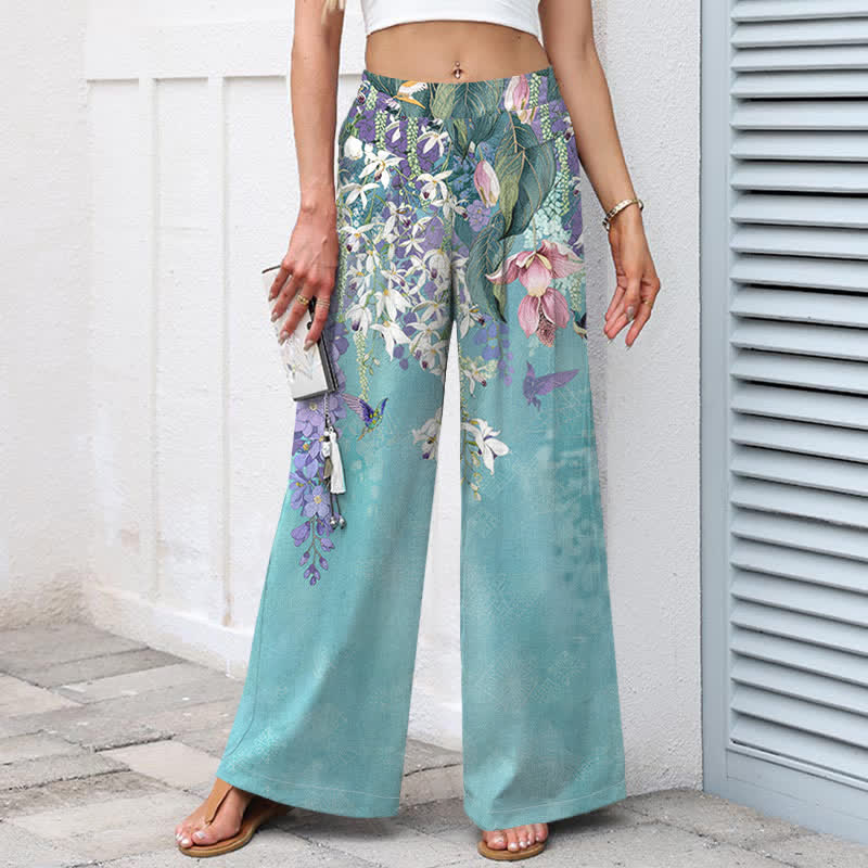 Buddha Stones Pantaloni da donna in cotone e lino, stile bohémien, a gamba larga con elastico in vita e tasche, con fantasia floreale. - image 1