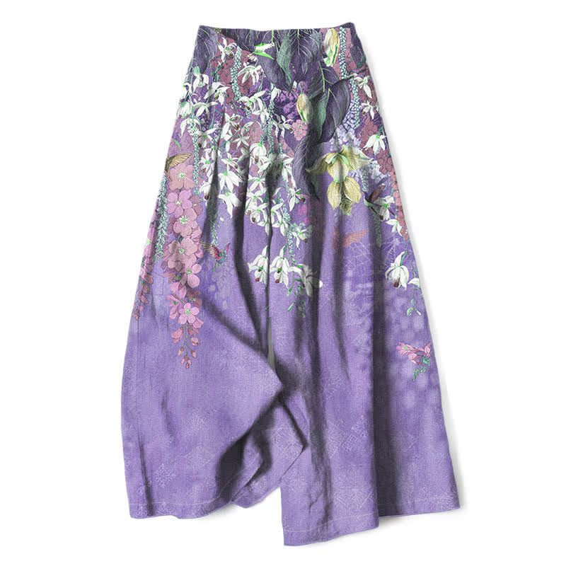 Buddha Stones Pantaloni da donna in cotone e lino, stile bohémien, a gamba larga con elastico in vita e tasche, con fantasia floreale. - Viola medio - US16, UK/AU20, EU48 (3XL) - image 4