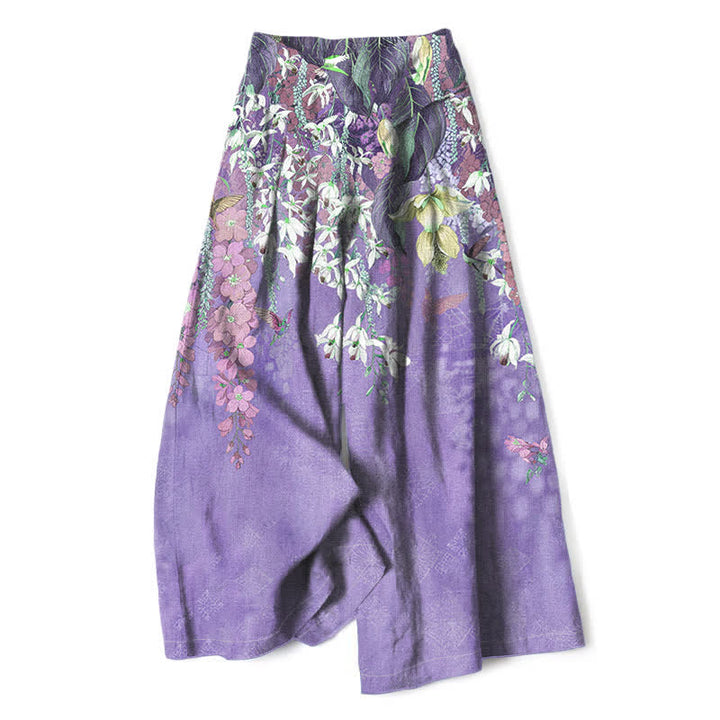 Buddha Stones Pantaloni da donna in cotone e lino, stile bohémien, a gamba larga con elastico in vita e tasche, con fantasia floreale. - Viola medio - US16, UK/AU20, EU48 (3XL) - image 4