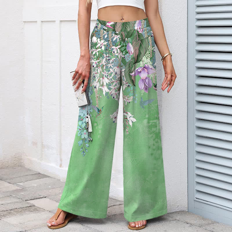 Buddha Stones Pantaloni da donna in cotone e lino, stile bohémien, a gamba larga con elastico in vita e tasche, con fantasia floreale. - image 9