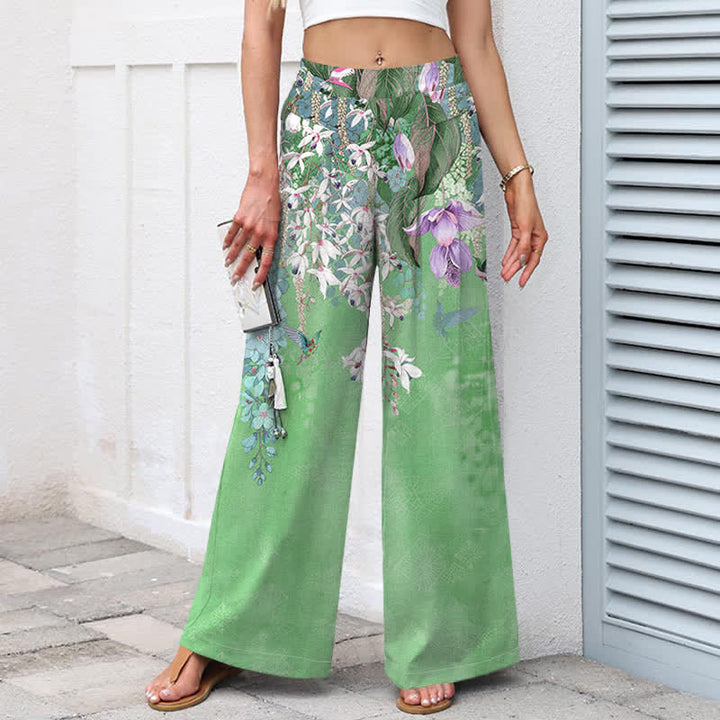 Buddha Stones Pantaloni da donna in cotone e lino, stile bohémien, a gamba larga con elastico in vita e tasche, con fantasia floreale. - image 9