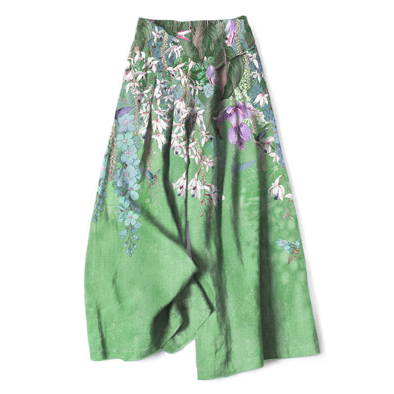 Buddha Stones Pantaloni da donna in cotone e lino, stile bohémien, a gamba larga con elastico in vita e tasche, con fantasia floreale. - Verde chiaro - US16, UK/AU20, EU48 (3XL) - image 8