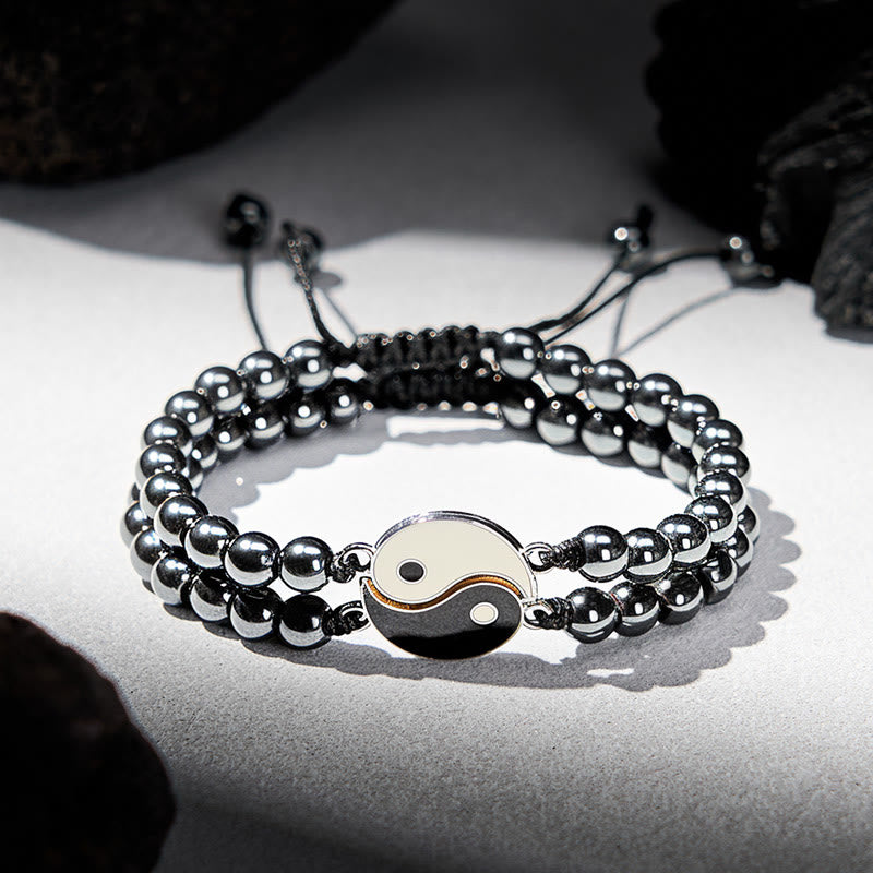 Buddha Stones Bracciale di supporto Yin Yang in ematite satinata e pietra lavica - Ematite (Circonferenza del polso: 17-27 cm) - image 0