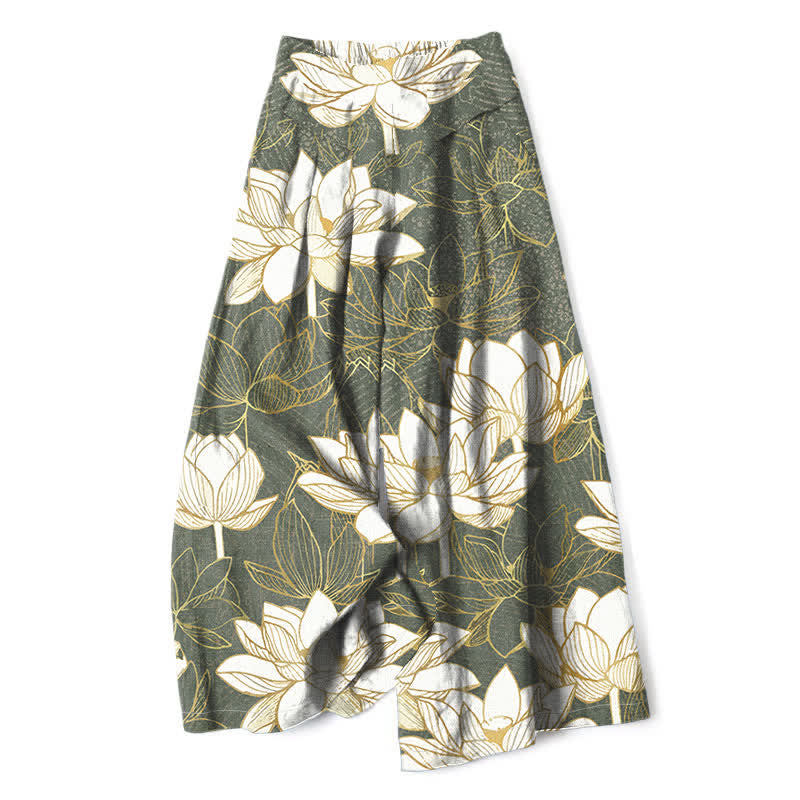 Buddha Stones Pantaloni da donna in cotone e lino con elastico in vita e gamba larga, fantasia a fiori di loto, con tasche. - Verde Mare Scuro - US16, UK/AU20, EU48 (3XL) - image 0
