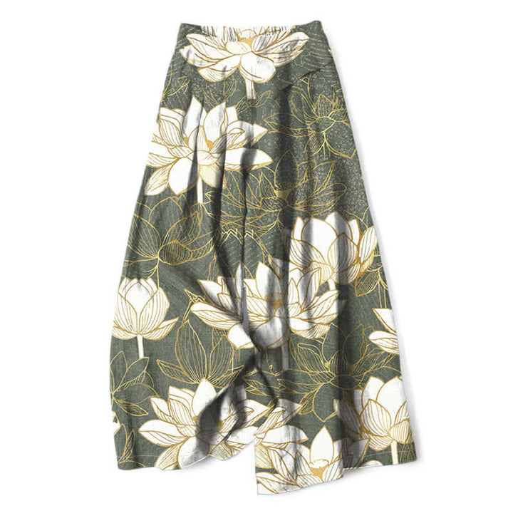 Buddha Stones Pantaloni da donna in cotone e lino con elastico in vita e gamba larga, fantasia a fiori di loto, con tasche. - Verde Mare Scuro - US16, UK/AU20, EU48 (3XL) - image 0