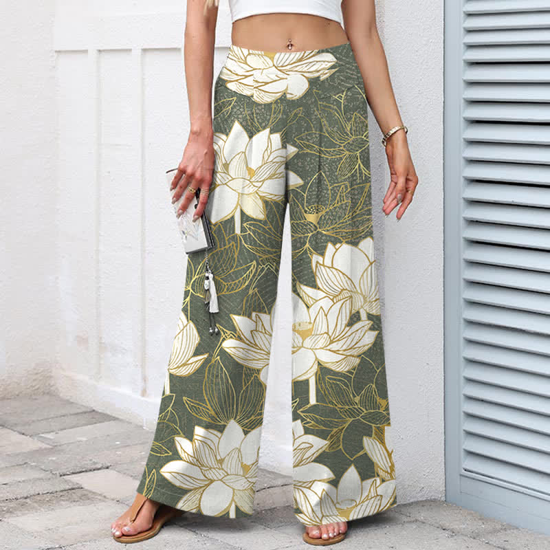 Buddha Stones Pantaloni da donna in cotone e lino con elastico in vita e gamba larga, fantasia a fiori di loto, con tasche. - image 1