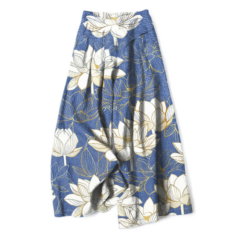 Buddha Stones Pantaloni da donna in cotone e lino con elastico in vita e gamba larga, fantasia a fiori di loto, con tasche. - Blu fiordaliso - US16, UK/AU20, EU48 (3XL) - image 4