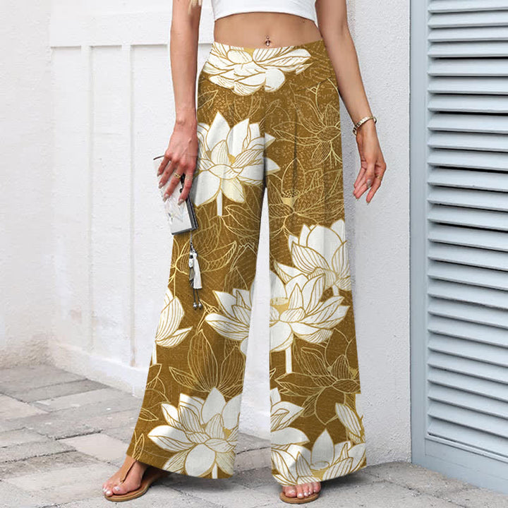 Buddha Stones Pantaloni da donna in cotone e lino con elastico in vita e gamba larga, fantasia a fiori di loto, con tasche. - image 9