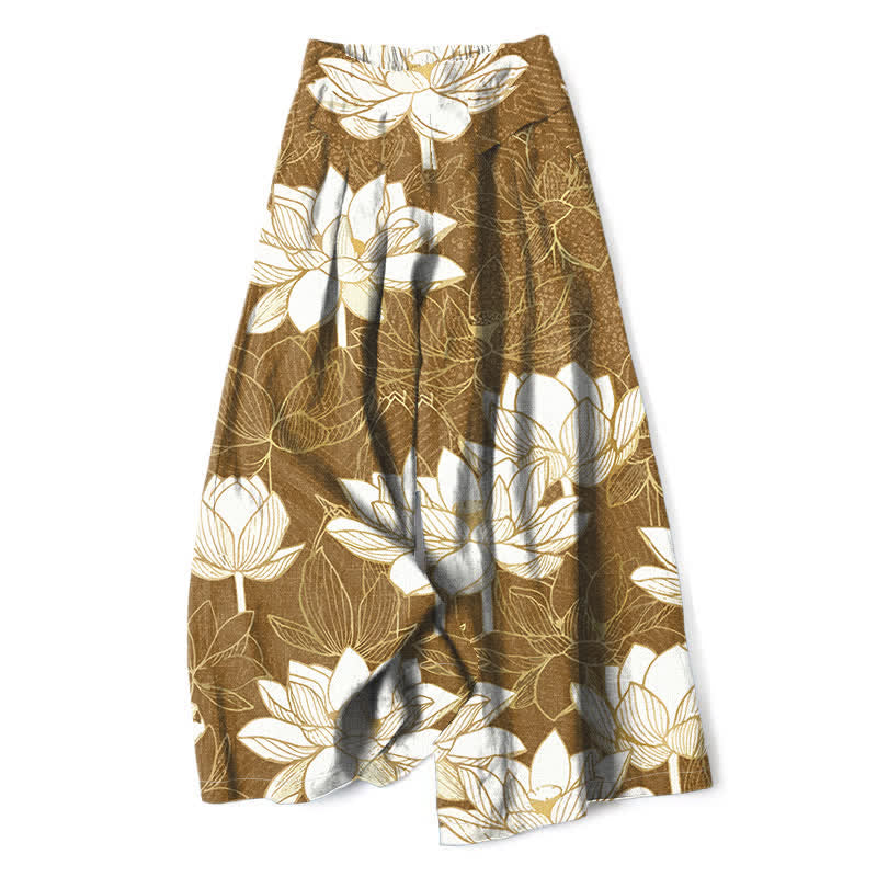 Buddha Stones Pantaloni da donna in cotone e lino con elastico in vita e gamba larga, fantasia a fiori di loto, con tasche. - Perù - US16, UK/AU20, EU48 (3XL) - image 8