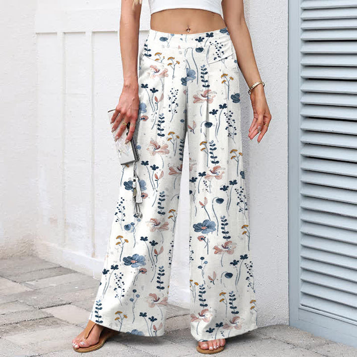 Buddha Stones Pantaloni da donna in cotone e lino con fantasia floreale, vita elasticizzata e gamba larga, con tasche. - image 2