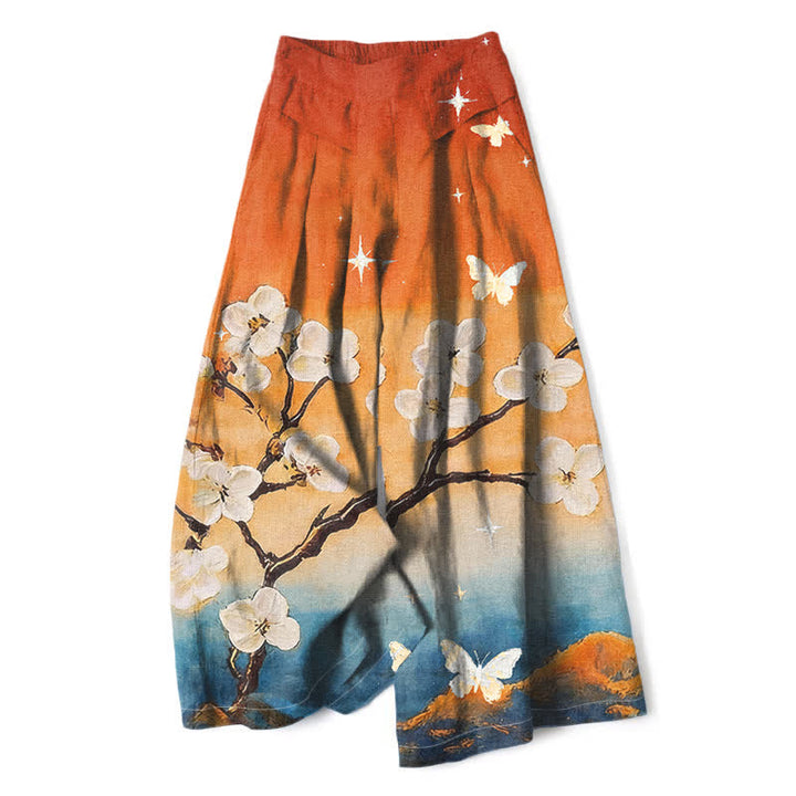 Buddha Stones Pantaloni da donna a gamba larga con elastico in vita e tasche, in cotone e lino, con fantasia floreale sfumata. - Arancia - US16, UK/AU20, EU48 (3XL) - image 0