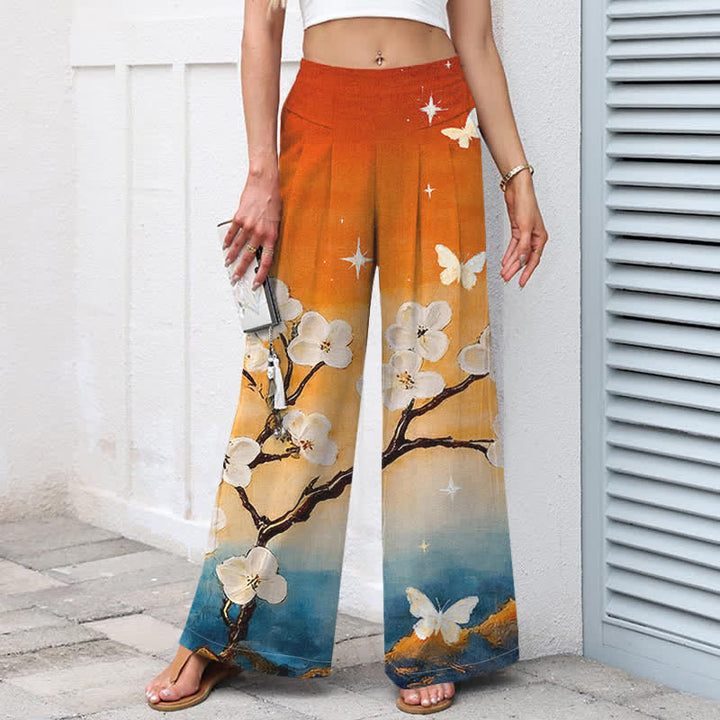 Buddha Stones Pantaloni da donna a gamba larga con elastico in vita e tasche, in cotone e lino, con fantasia floreale sfumata. - image 1