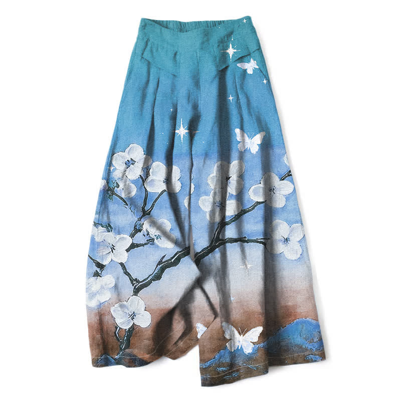 Buddha Stones Pantaloni da donna a gamba larga con elastico in vita e tasche, in cotone e lino, con fantasia floreale sfumata. - Turchese - US16, UK/AU20, EU48 (3XL) - image 4