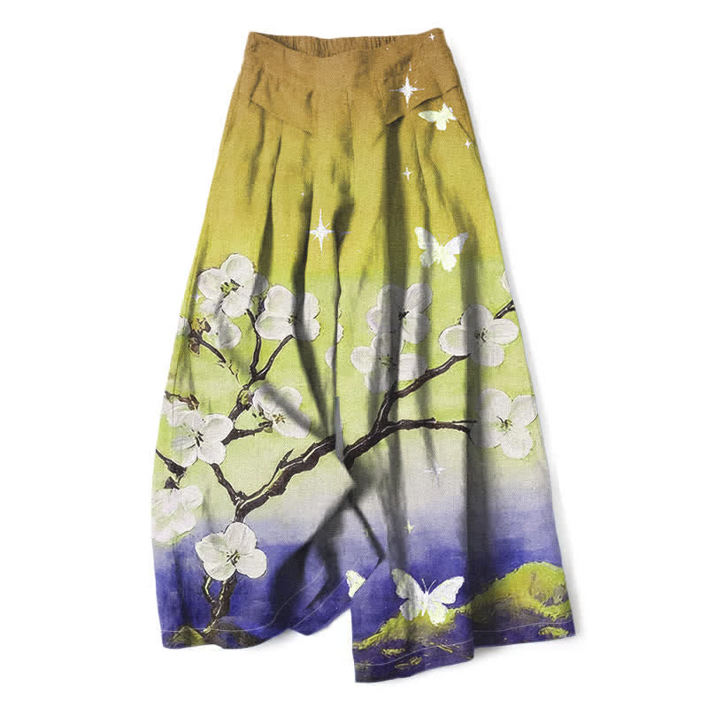Buddha Stones Pantaloni da donna a gamba larga con elastico in vita e tasche, in cotone e lino, con fantasia floreale sfumata. - GialloVerde - US16, UK/AU20, EU48 (3XL) - image 8