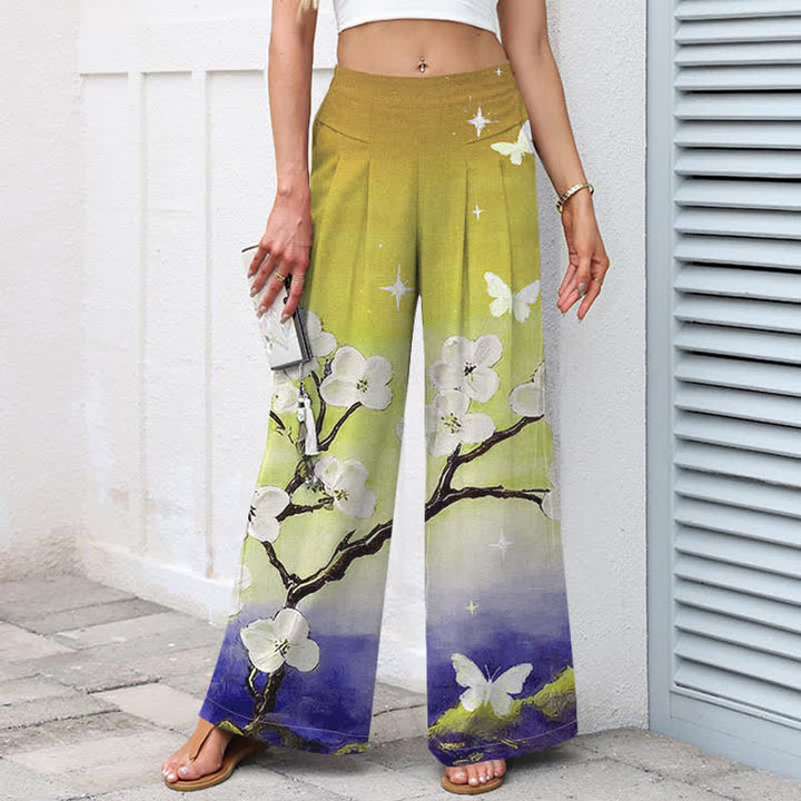Buddha Stones Pantaloni da donna a gamba larga con elastico in vita e tasche, in cotone e lino, con fantasia floreale sfumata. - image 9