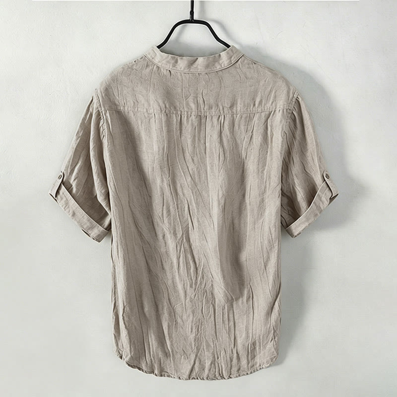Camicia a maniche corte con bottoni a tinta unita Buddha Stones in cotone e lino per uomo - image 46