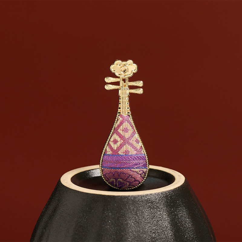 Buddha Stones Spilla cinese Song Brocade a forma di Guqin, realizzata a mano, con armonia floreale. - image 4