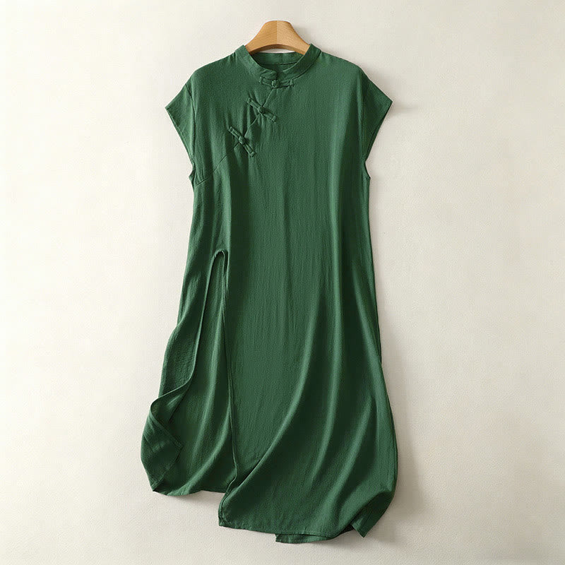 Buddha Stones Abito estivo da donna senza maniche, verde tinta unita, con colletto alla coreana e spacco laterale. - Verde mare - US12, UK/AU16, EU44 (2XL) - image 0