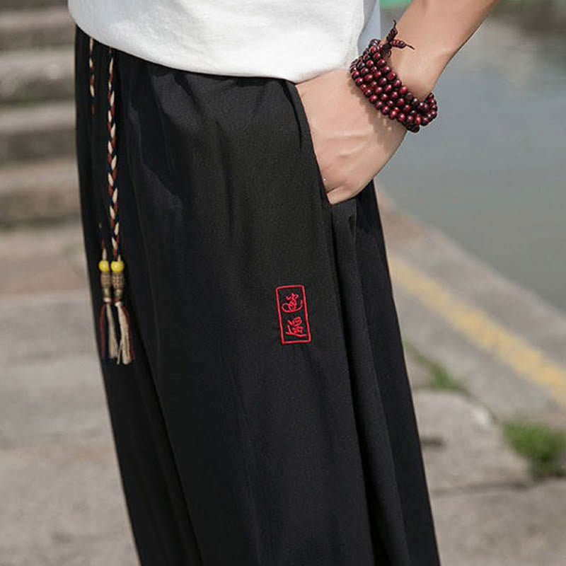 Buddha Stones Pantaloni estivi casual con coulisse e ricami di caratteri cinesi, pantaloni harem da uomo con tasche. - image 10
