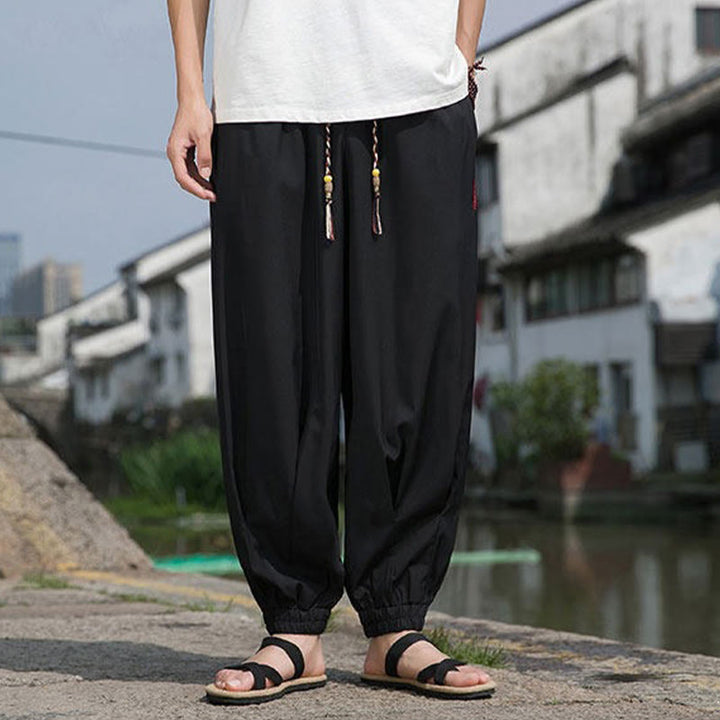 Buddha Stones Pantaloni estivi casual con coulisse e ricami di caratteri cinesi, pantaloni harem da uomo con tasche. - image 3