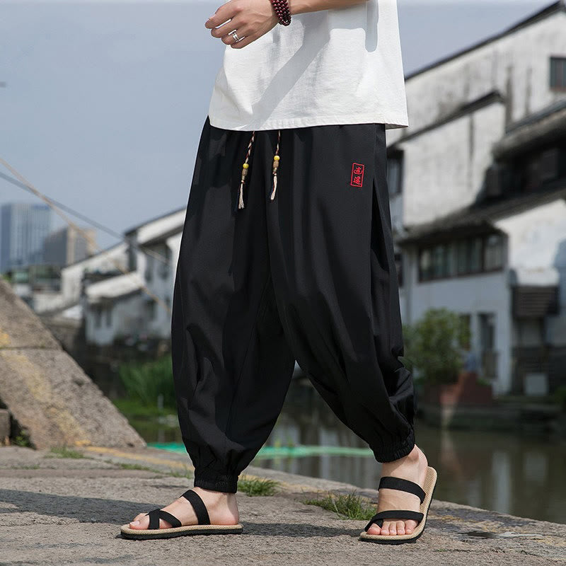 Buddha Stones Pantaloni estivi casual con coulisse e ricami di caratteri cinesi, pantaloni harem da uomo con tasche. - image 2