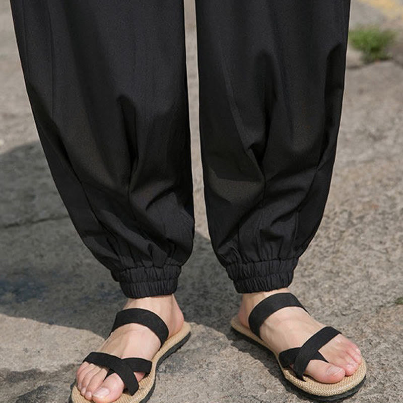 Buddha Stones Pantaloni estivi casual con coulisse e ricami di caratteri cinesi, pantaloni harem da uomo con tasche. - image 12