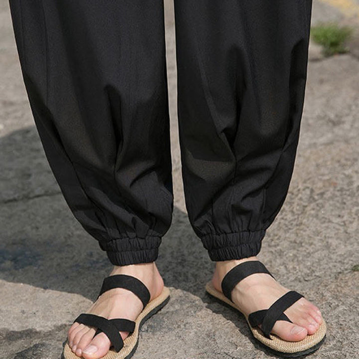 Buddha Stones Pantaloni estivi casual con coulisse e ricami di caratteri cinesi, pantaloni harem da uomo con tasche. - image 12