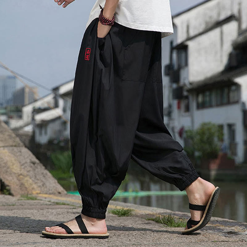 Buddha Stones Pantaloni estivi casual con coulisse e ricami di caratteri cinesi, pantaloni harem da uomo con tasche. - image 7