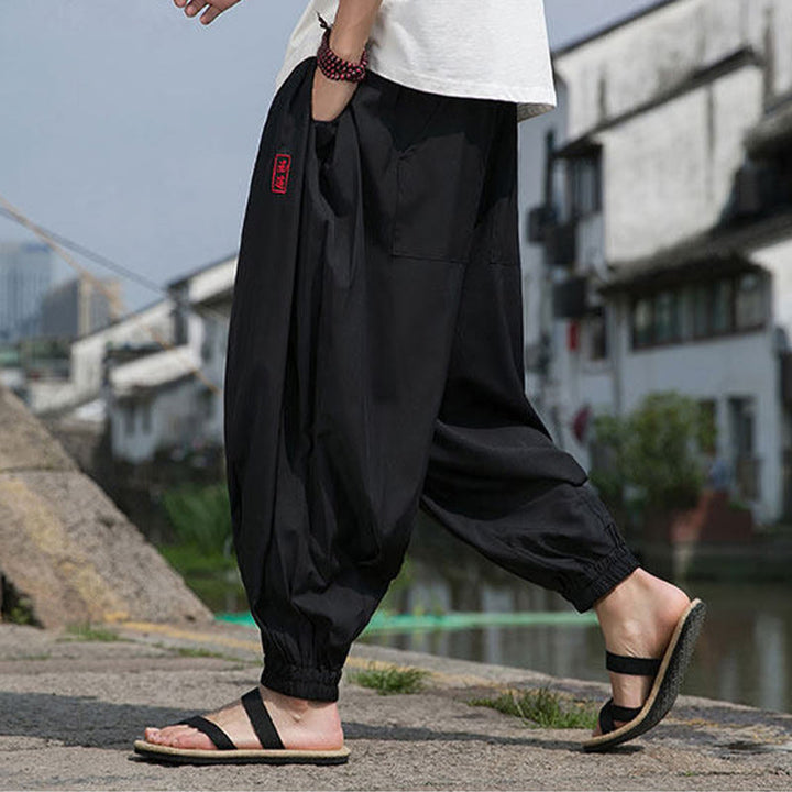 Buddha Stones Pantaloni estivi casual con coulisse e ricami di caratteri cinesi, pantaloni harem da uomo con tasche. - image 7
