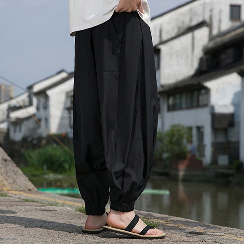 Buddha Stones Pantaloni estivi casual con coulisse e ricami di caratteri cinesi, pantaloni harem da uomo con tasche. - image 5