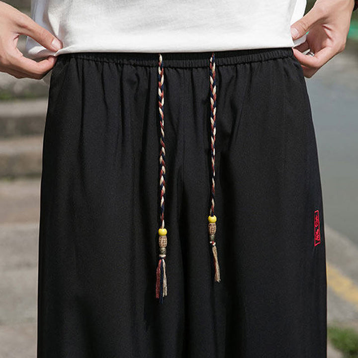 Buddha Stones Pantaloni estivi casual con coulisse e ricami di caratteri cinesi, pantaloni harem da uomo con tasche. - image 9