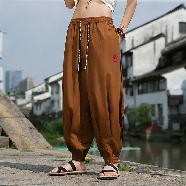 Buddha Stones Pantaloni estivi casual con coulisse e ricami di caratteri cinesi, pantaloni harem da uomo con tasche. - Siena - US/UK/AU46, EU56 (5XL) - image 13