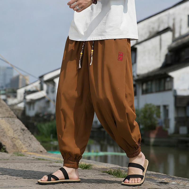 Buddha Stones Pantaloni estivi casual con coulisse e ricami di caratteri cinesi, pantaloni harem da uomo con tasche. - image 14