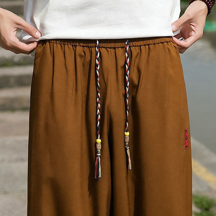 Buddha Stones Pantaloni estivi casual con coulisse e ricami di caratteri cinesi, pantaloni harem da uomo con tasche. - image 15