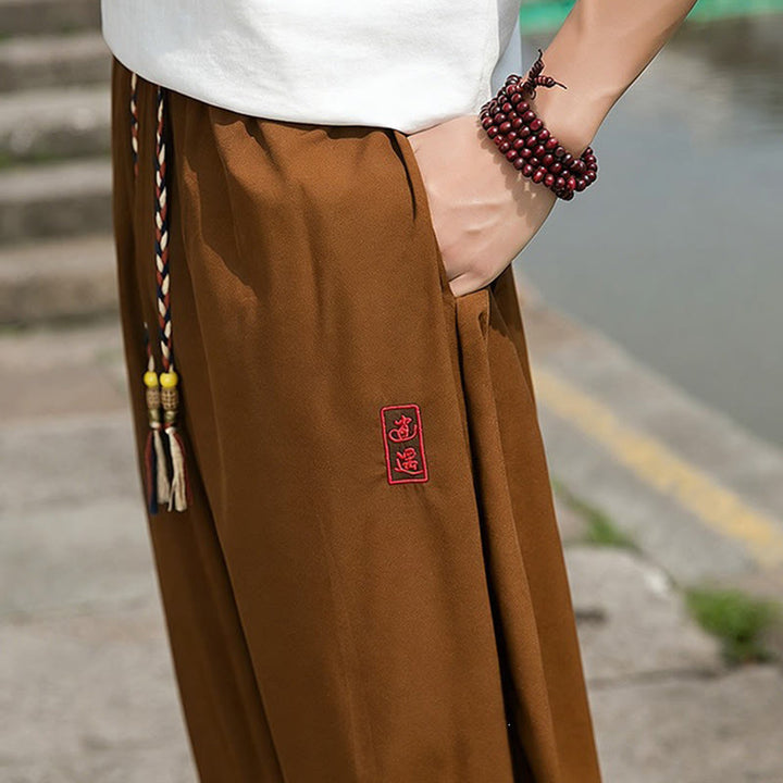 Buddha Stones Pantaloni estivi casual con coulisse e ricami di caratteri cinesi, pantaloni harem da uomo con tasche. - image 16