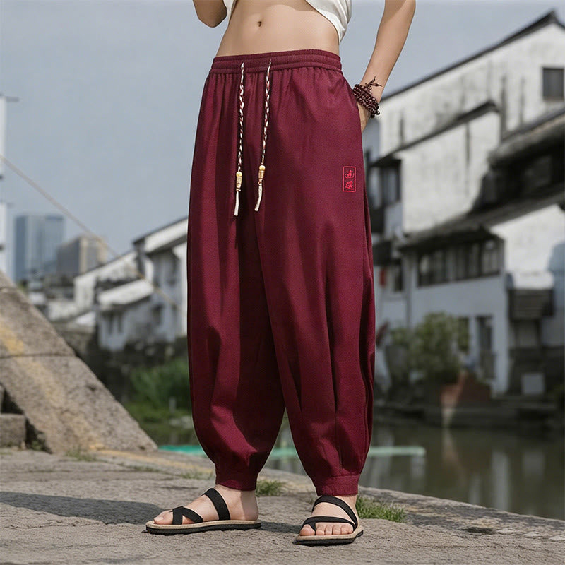 Buddha Stones Pantaloni estivi casual con coulisse e ricami di caratteri cinesi, pantaloni harem da uomo con tasche. - Marrone - US/UK/AU46, EU56 (5XL) - image 19