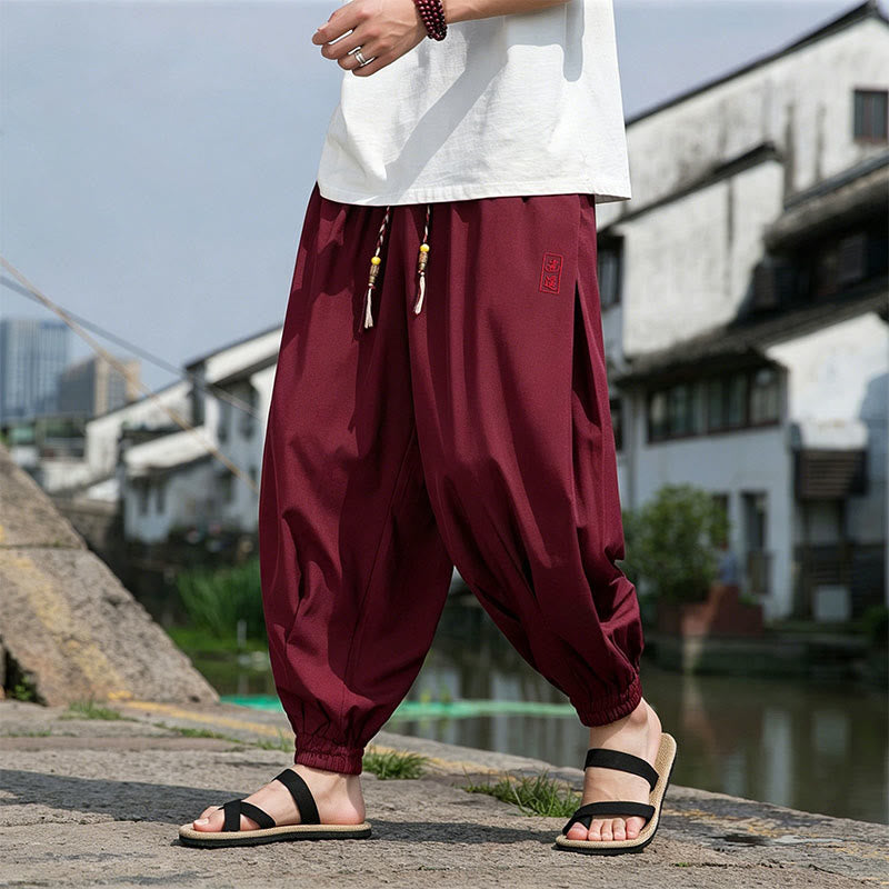 Buddha Stones Pantaloni estivi casual con coulisse e ricami di caratteri cinesi, pantaloni harem da uomo con tasche. - image 20