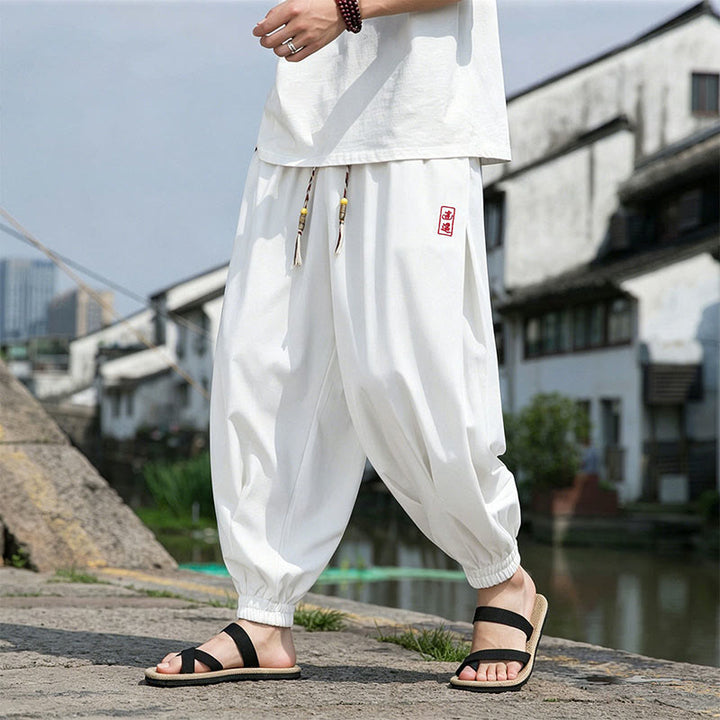 Buddha Stones Pantaloni estivi casual con coulisse e ricami di caratteri cinesi, pantaloni harem da uomo con tasche. - image 22