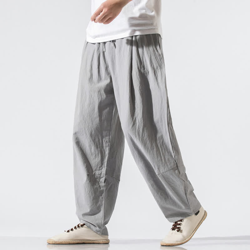 Buddha Stones Pantaloni lunghi estivi casual minimalisti da uomo con coulisse e elastico in vita, tinta unita, modello harem con tasche. - Grigio chiaro - US/UK/AU46, EU56 (5XL) - image 0