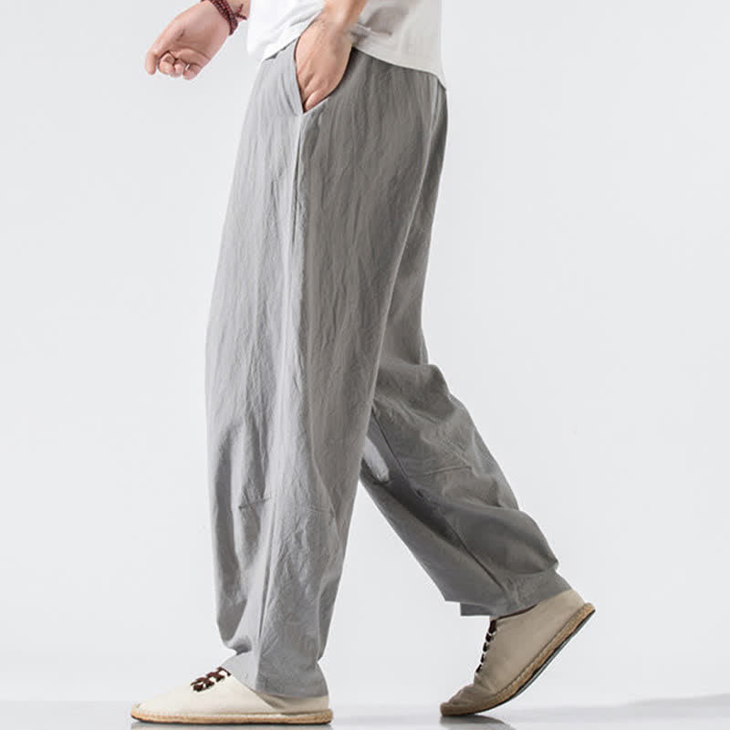 Buddha Stones Pantaloni lunghi estivi casual minimalisti da uomo con coulisse e elastico in vita, tinta unita, modello harem con tasche. - image 6