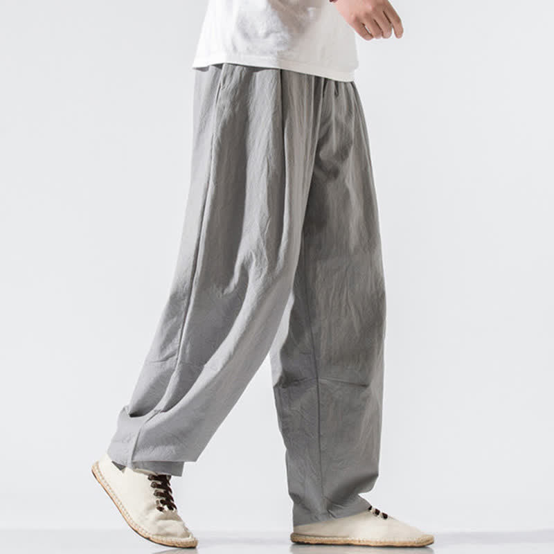 Buddha Stones Pantaloni lunghi estivi casual minimalisti da uomo con coulisse e elastico in vita, tinta unita, modello harem con tasche. - image 3