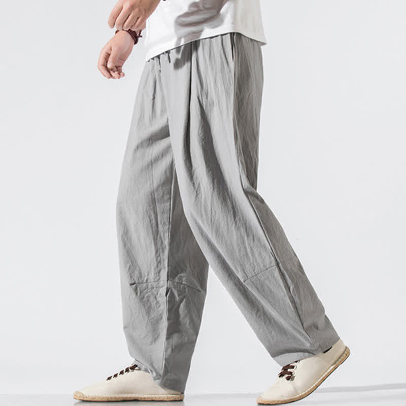 Buddha Stones Pantaloni lunghi estivi casual minimalisti da uomo con coulisse e elastico in vita, tinta unita, modello harem con tasche. - image 1