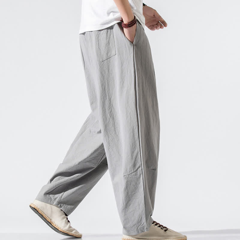 Buddha Stones Pantaloni lunghi estivi casual minimalisti da uomo con coulisse e elastico in vita, tinta unita, modello harem con tasche. - image 5