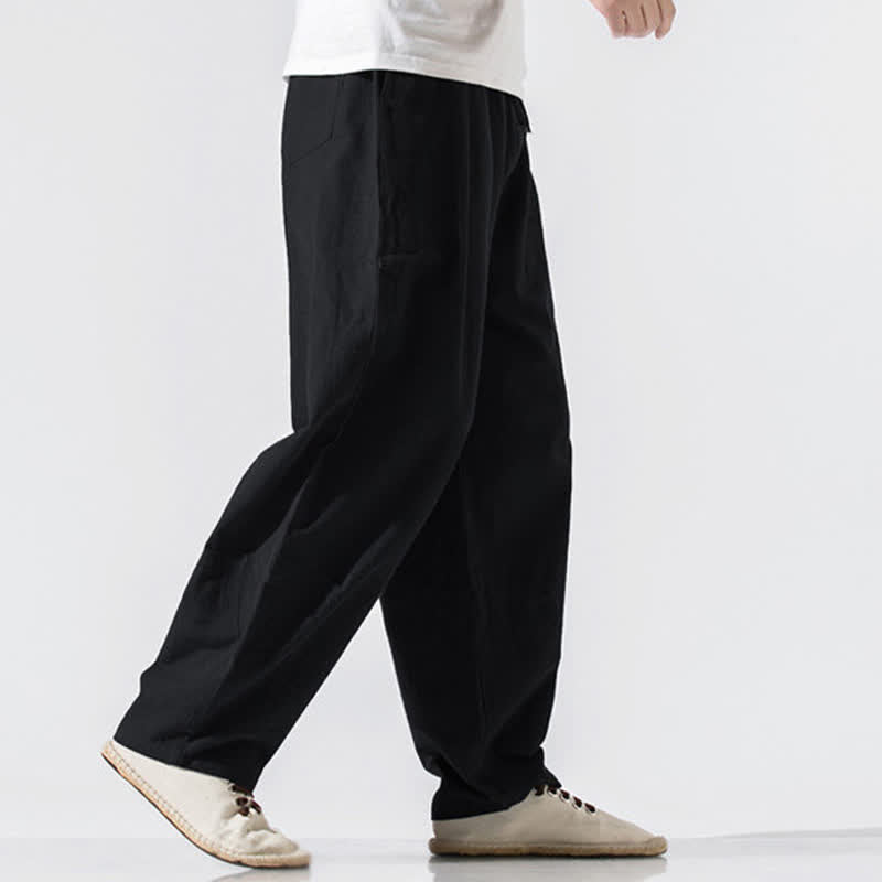 Buddha Stones Pantaloni lunghi estivi casual minimalisti da uomo con coulisse e elastico in vita, tinta unita, modello harem con tasche. - image 8