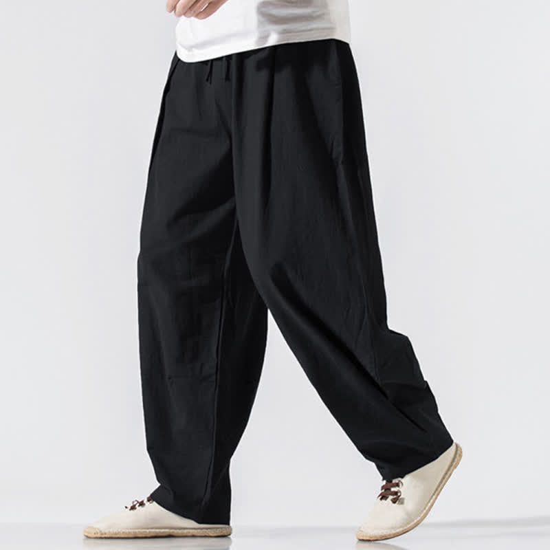 Buddha Stones Pantaloni lunghi estivi casual minimalisti da uomo con coulisse e elastico in vita, tinta unita, modello harem con tasche. - Nero - US/UK/AU46, EU56 (5XL) - image 7