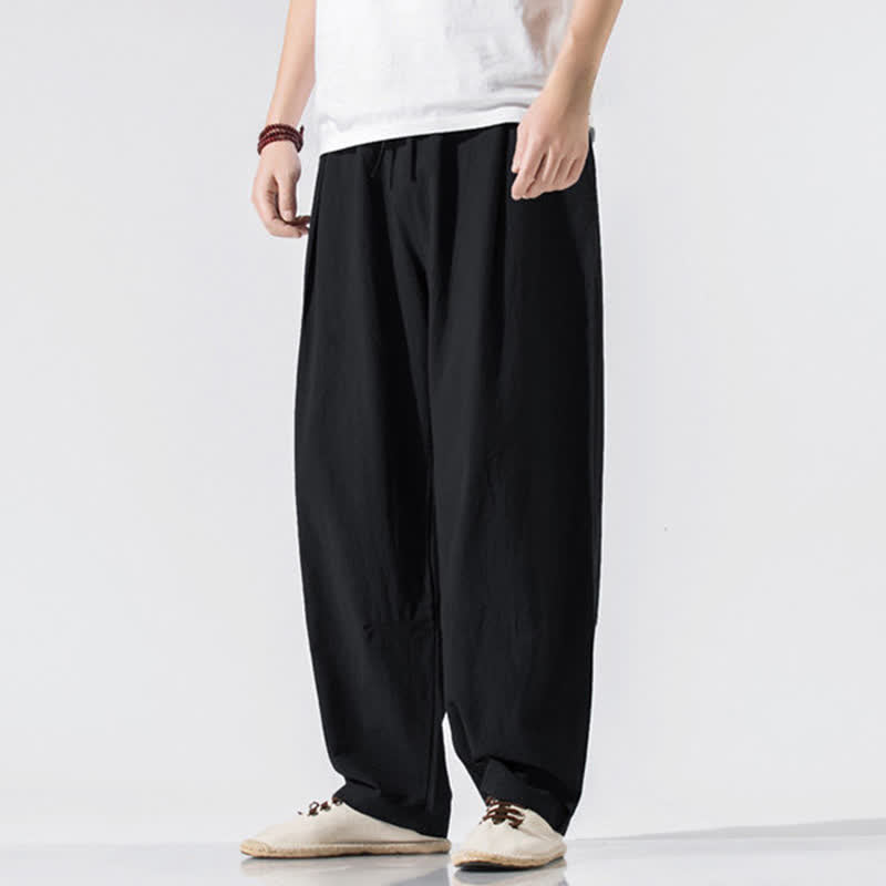 Buddha Stones Pantaloni lunghi estivi casual minimalisti da uomo con coulisse e elastico in vita, tinta unita, modello harem con tasche. - image 10