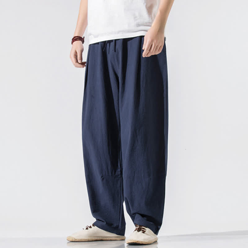 Buddha Stones Pantaloni lunghi estivi casual minimalisti da uomo con coulisse e elastico in vita, tinta unita, modello harem con tasche. - Blu mezzanotte - US/UK/AU46, EU56 (5XL) - image 14