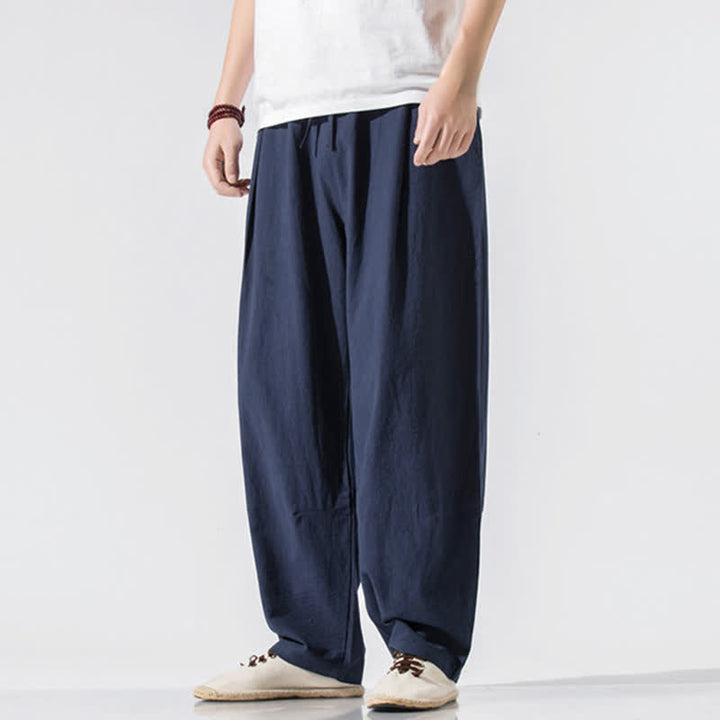 Buddha Stones Pantaloni lunghi estivi casual minimalisti da uomo con coulisse e elastico in vita, tinta unita, modello harem con tasche. - Blu mezzanotte - US/UK/AU46, EU56 (5XL) - image 14